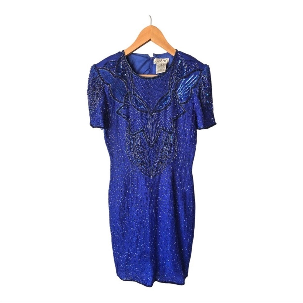 VTG Blue 100% Silk Beaded Dress Sz 8 Women Blue Sequined Formal Elegant Y2k